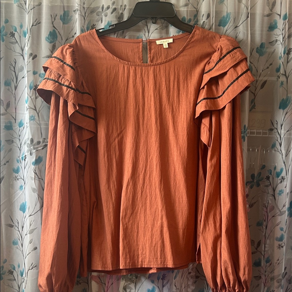 Jodifl Rust Orange Ruffle-Shoulder Long Sleeve Top